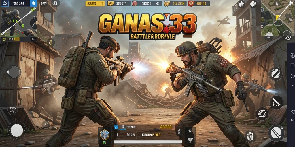Screenshot utama GANAS33 menampilkan aksi pertempuran Battle Royale yang seru.