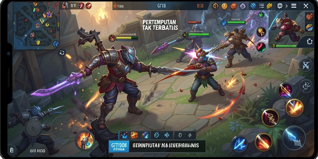 Tampilan gameplay seru GT108 dengan aksi MOBA yang mendebarkan.