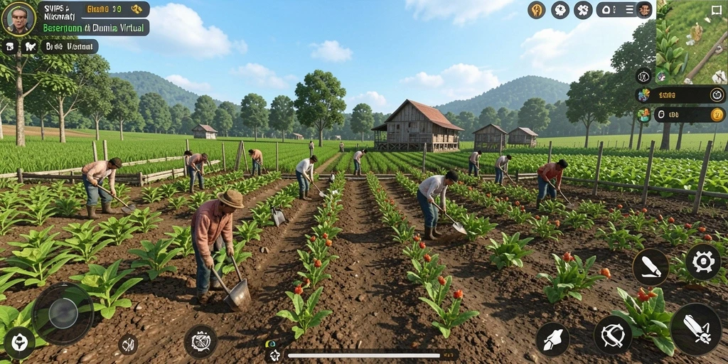 Screenshot gameplay SVIP5 menunjukkan ladang yang hijau dan aktivitas bertani.